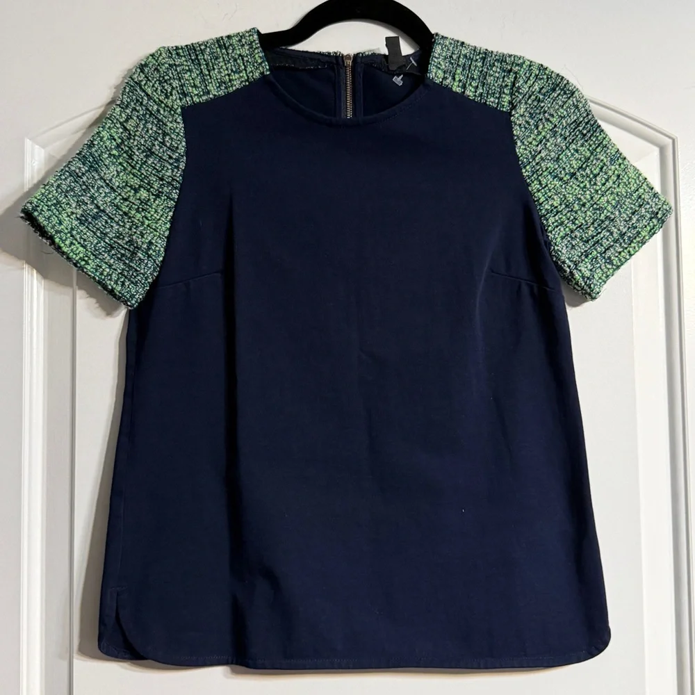 J. Crew Navy Blouse with Green Knit‎ Sleeves
